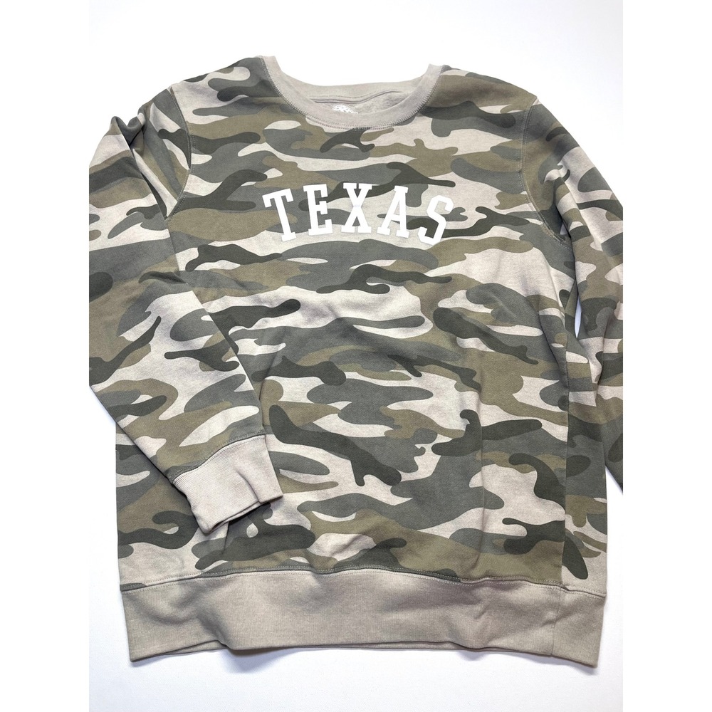 Home State Texas Camo Sweatshirt Large Green Tan Camouflage Fleece Pullover 0382 - Picture 1 of 8